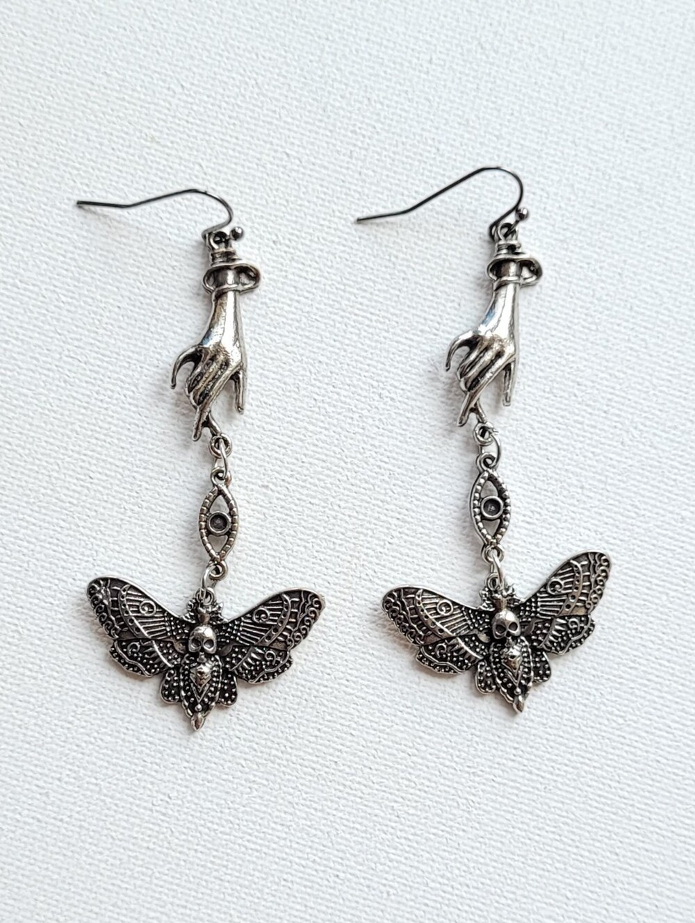 Silver Hand & Moth Dangle Earrings - Women Jewelry Goth Halloween Spooky NWOT